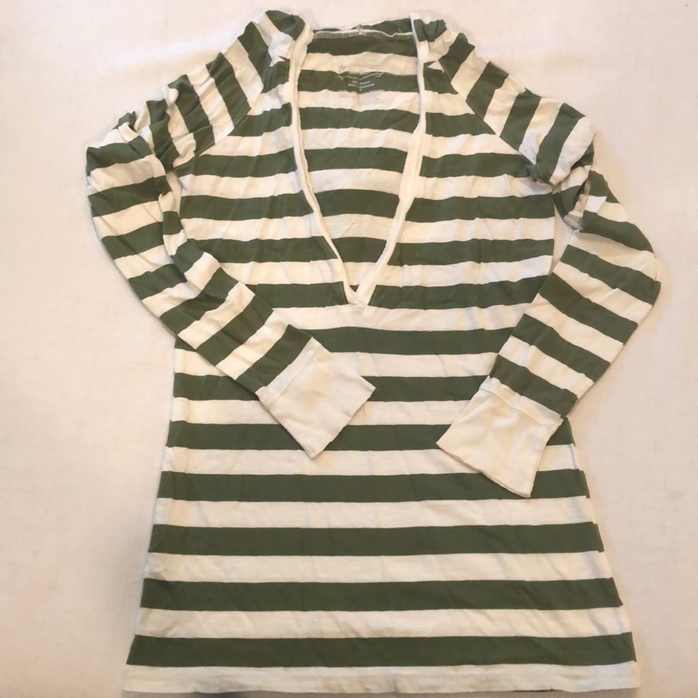 Hooded Green and off white striped shirt